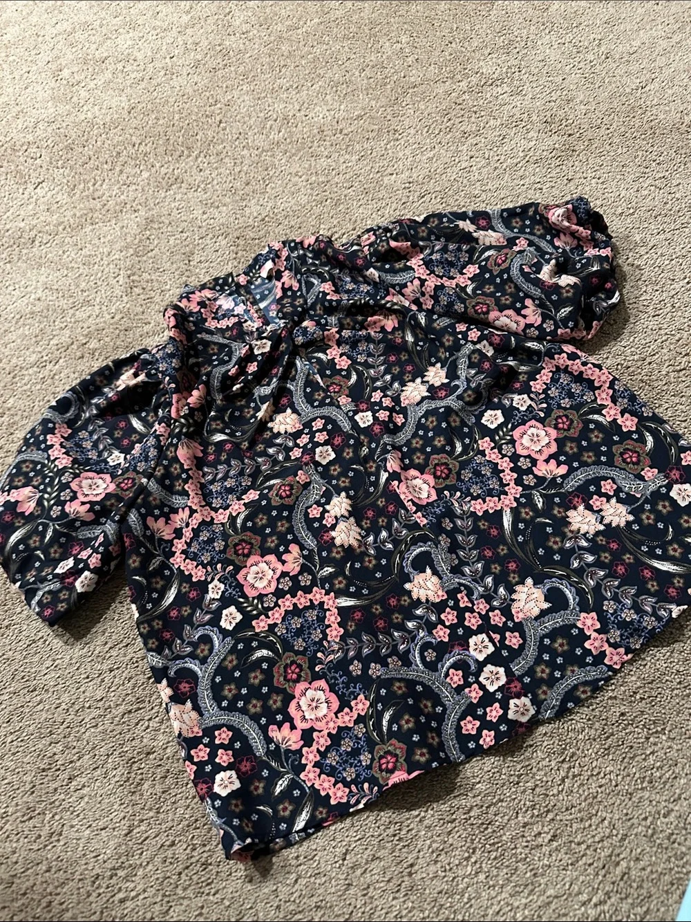LOFT Navy Floral Peasant Blouse with Pink Flowers